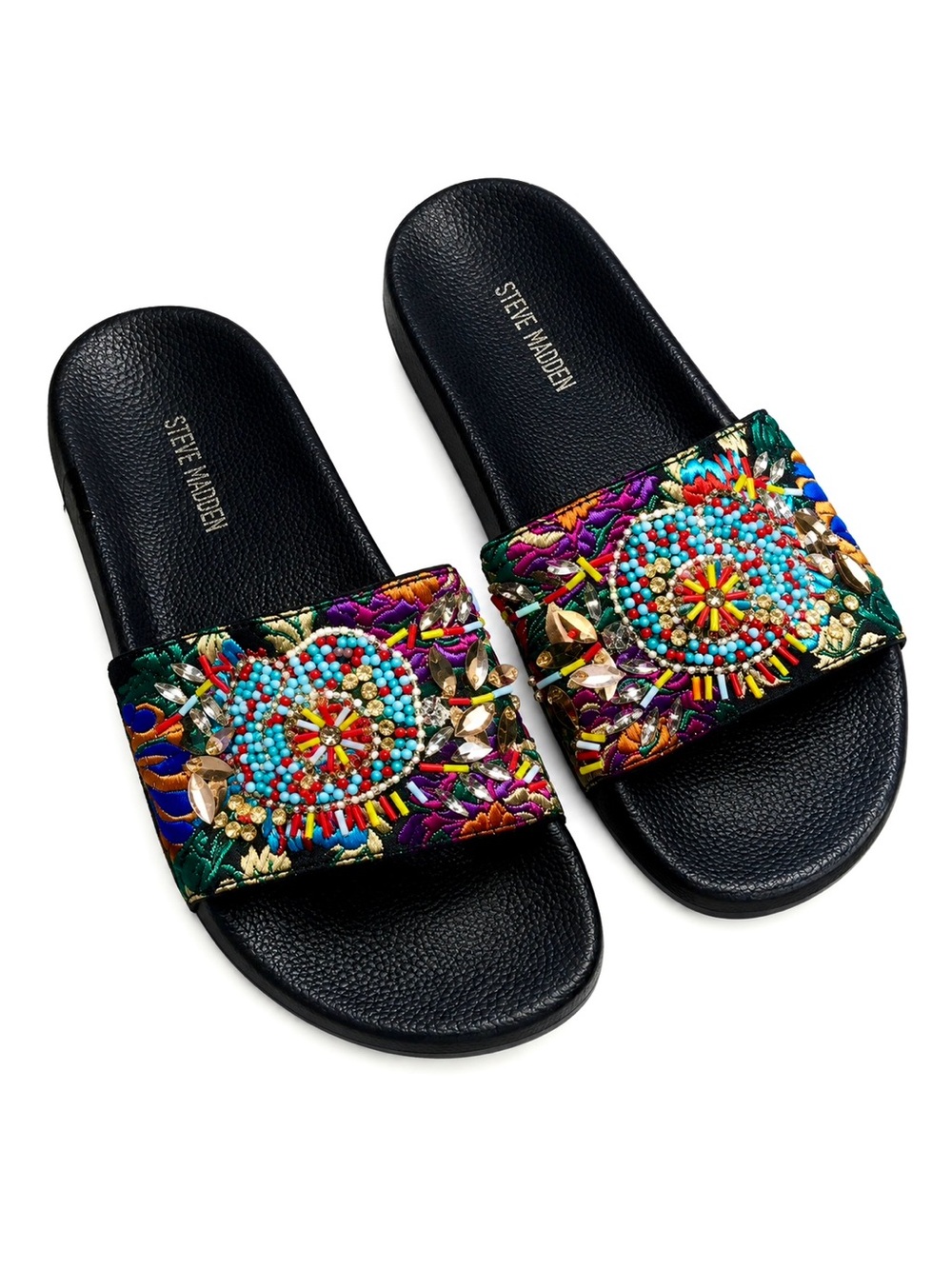 Steve Madden Black Embroidered Slide Sandals with Multicolor Beading